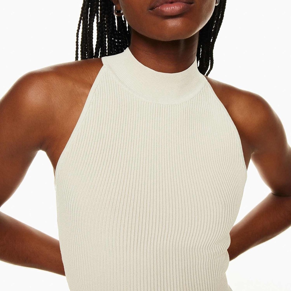 Aritzia Babaton Sculpt Knit Halter Top- Matte Pearl Cream Sleeveless Ribbed Tank - Picture 2 of 7